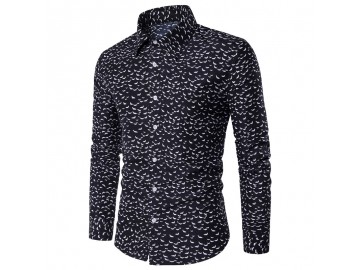 Camisa Masculina Casual Slim Estampada Manga longa - Preto 