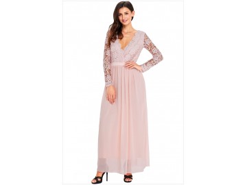 Vestido Longo de Renda Decote V Manga Longa - Rosa Claro 