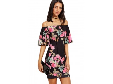 Vestido Curto Estampa de Flores Tomara que Caia - Preto