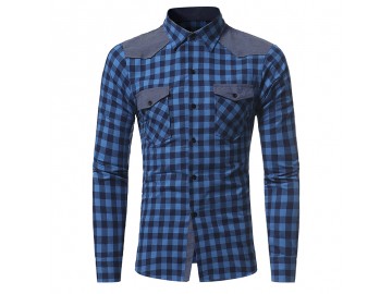 Camisa Masculina Slim Xadrez Manga Longa - Azul 