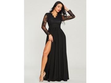 Vestido Longo Renda com Fenda Manga Longa - Preto 