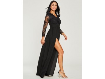 Vestido Longo Renda com Fenda Manga Longa - Preto