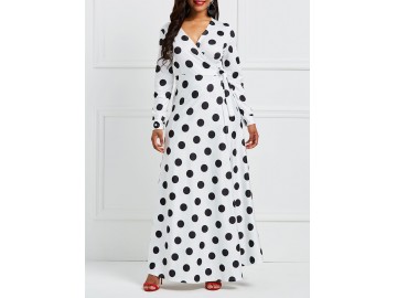 Vestido Longo Polka Dots Manga Longa com Laço - Branco 