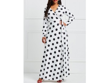 Vestido Longo Polka Dots Manga Longa com Laço - Branco