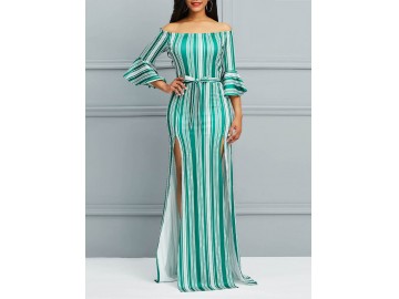 Vestido Longo Elegante Listrado com Fenda Manga Sino - Verde 