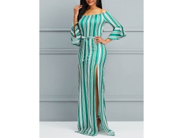 Vestido Longo Elegante Listrado com Fenda Manga Sino - Verde