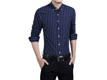 Camisa Masculina Slim Listrada Manga Longa - Azul 