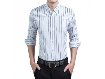 Camisa Masculina Slim Listrada Manga Longa - Branco 