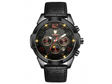 Relógio Tevise T811 Masculino Automático Pulseira de Couro - Preto Sólido e Vermelho 