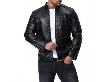 Jaqueta Masculina de Couro com Bolso Frontal - Preto 