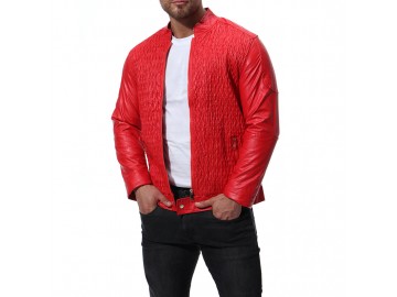 Jaqueta Masculina de Couro com Textura Frontal - Vermelho 