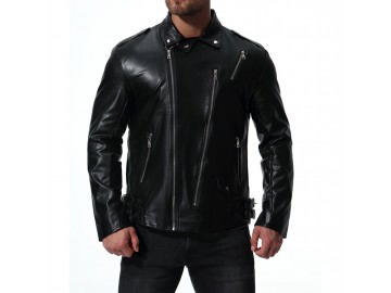 Jaqueta Masculina de Couro com Ziper frontal - Preto 