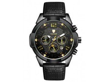 Relógio Tevise T811 Masculino Automático Pulseira de Couro - Preto Sólido e Amarelo 