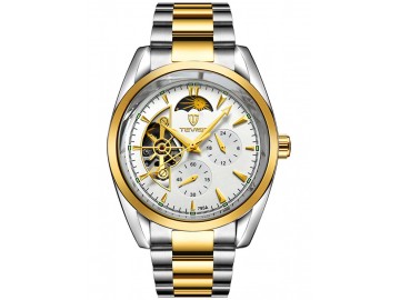 Relógio Tevise 795A Masculino Automático Pulseira de Aço - Branco e Dourado 